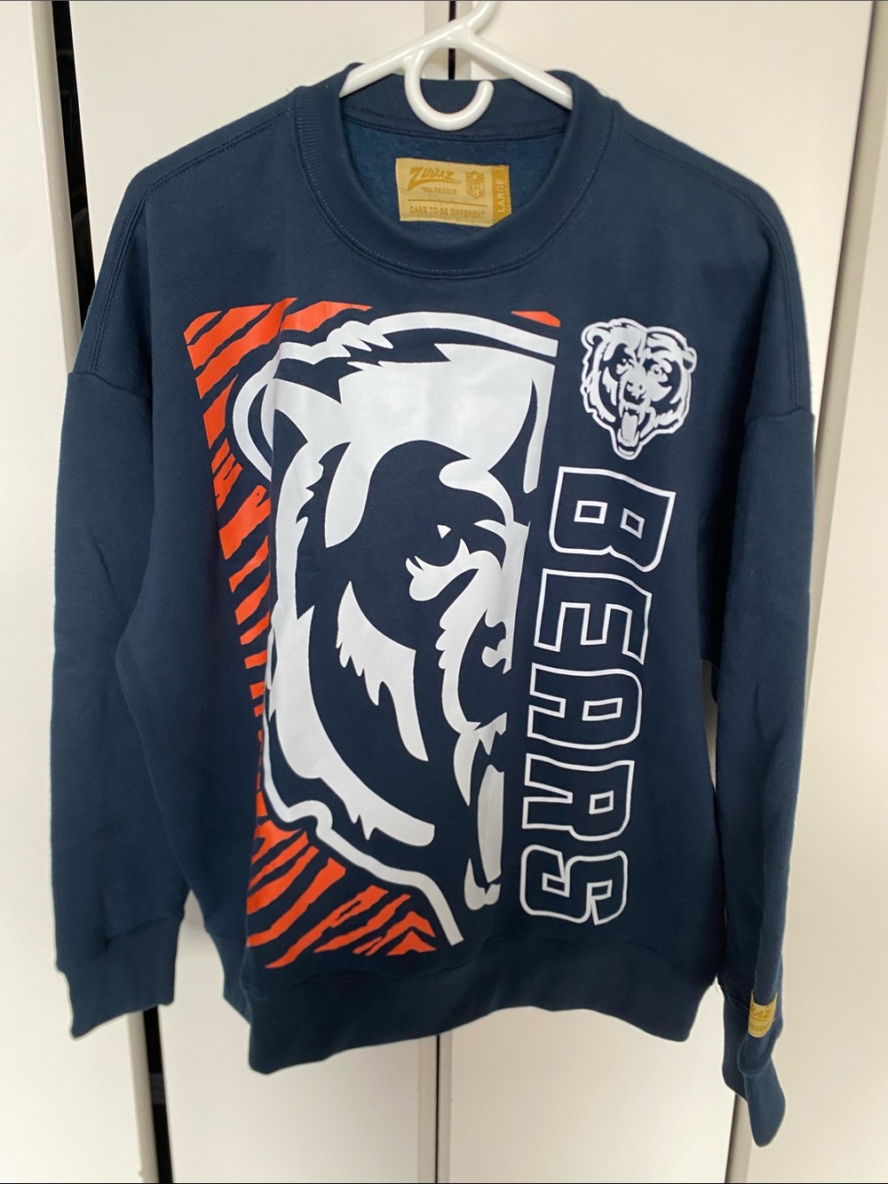 Navy Bears Graphic Crewneck Sweatshirt with Orange Accents (Large)